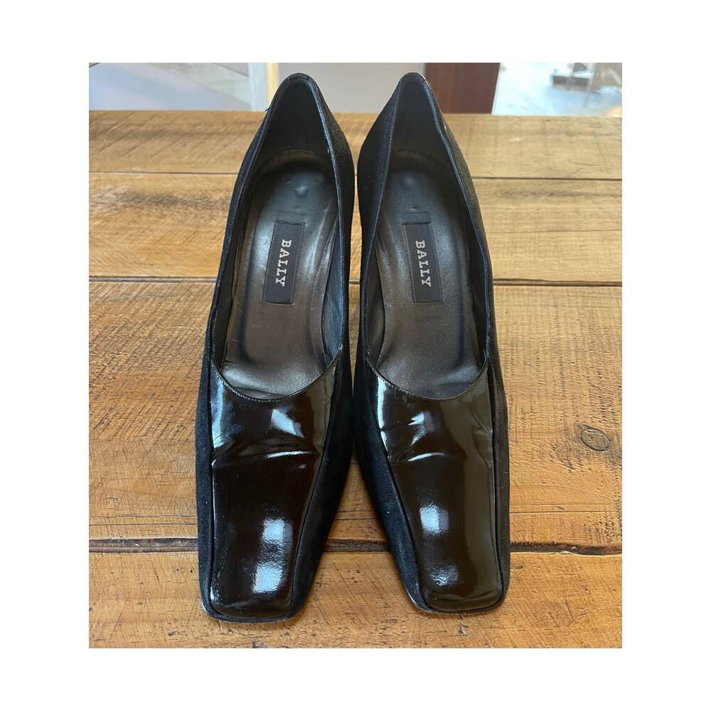 Womens BALLY Black Patent Felt Square Toe Made In‎ Italy Dress High Heels 7.5